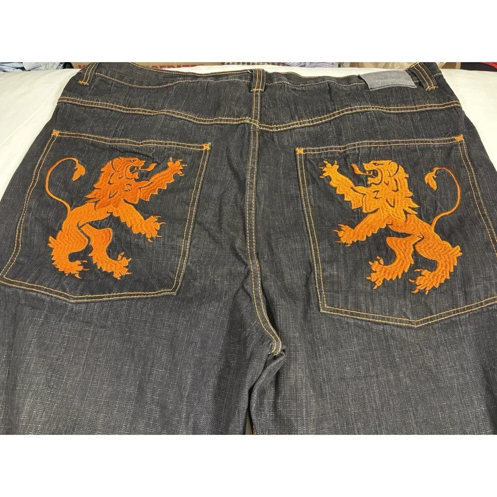 Vintage Y2K ESMX Jeans Mens 48x33 Baggy Wide Leg Embroidered Orange Lion Pocket